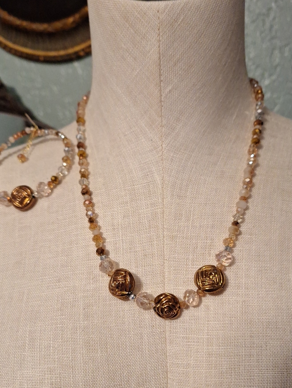 Gold Bead Rose Faceted Glass Necklace Accent Necklace